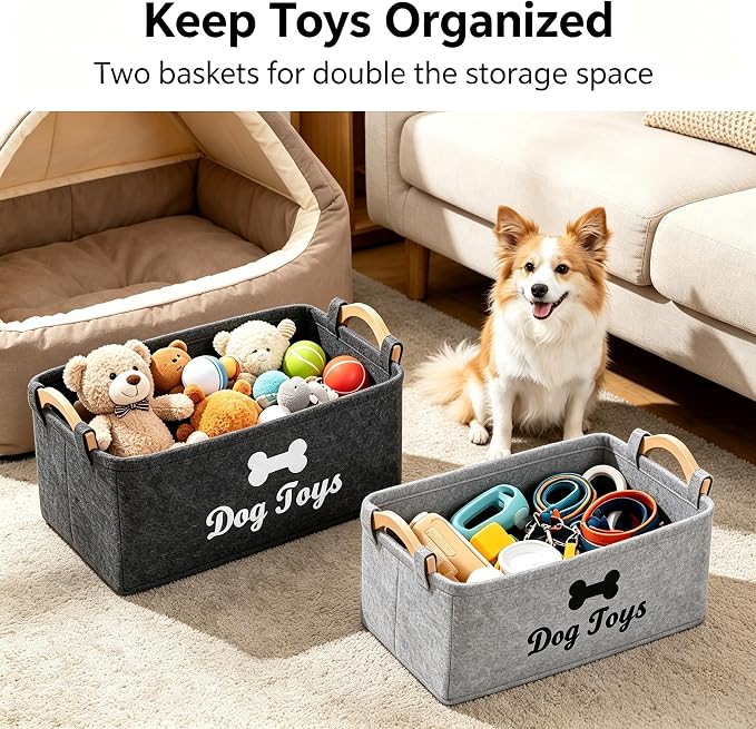 Dog Toy Storage Basket, Felt Pet Toy Organizer with Wooden Handles, Collapsible Pet Supplies Storage Bin for Dog Cat Toys, Treats, Accessories, Home Office Closet Organizer (Dark+Light Gray)