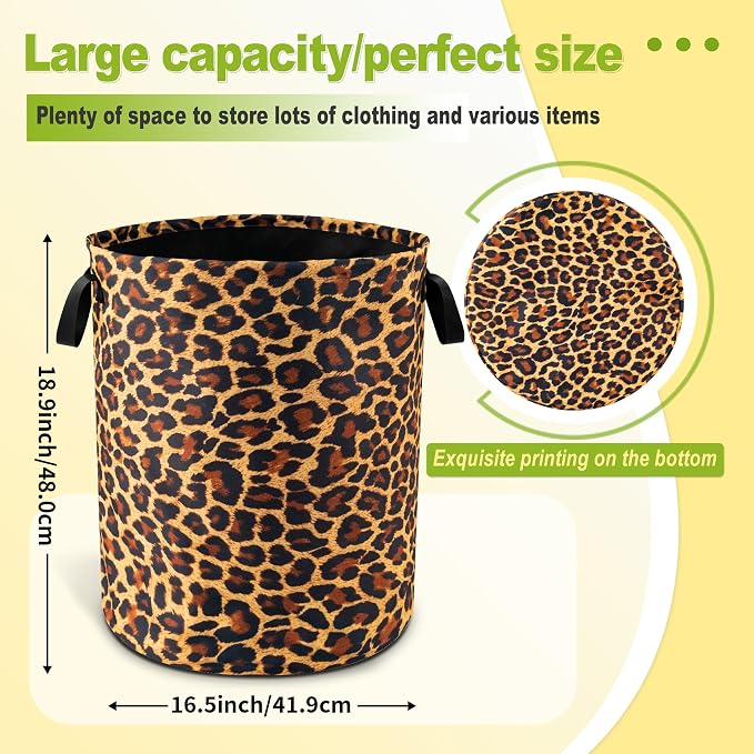 Brown Leopard Laundry Basket Foldable Waterproof Hamper 18.9 x 16.5 Inch | Oxford Cloth With Reinforced Handles Lining Design Large-Capacity Storage For Bathrooms/Laundry Rooms/ Living Rooms/Bedrooms