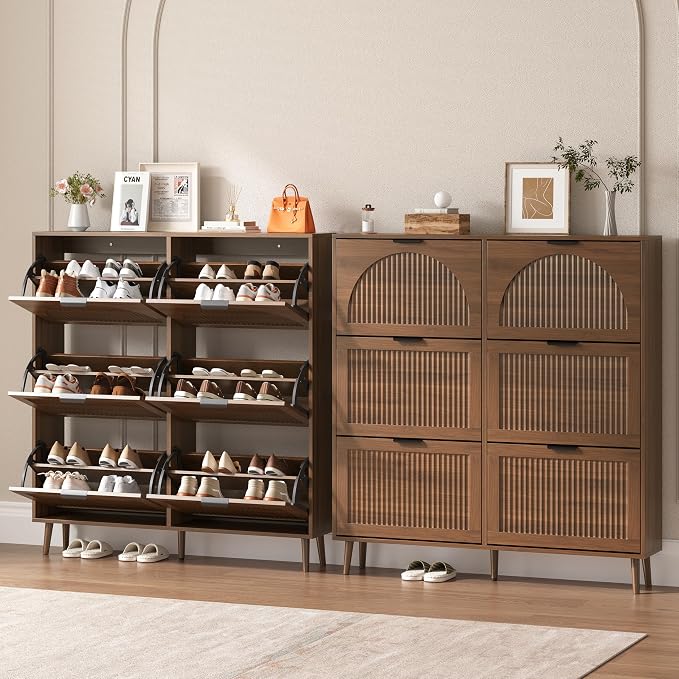 BORNOON Shoe Cabinet for Entryway with 6 Flip Drawers, Slim Wooden Shoe Storage Organizer with Modern Fluted Pannel，Freestanding Narrow Hidden Shoe Rack for Hallway, Foyer, Living Room