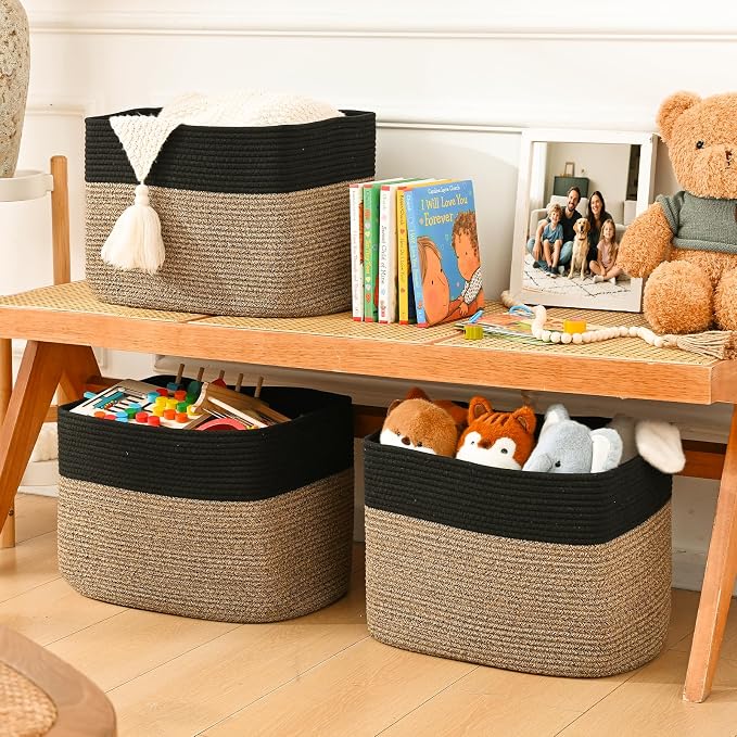 3 Pack Cube Storage Bin, 17”x12”x12” Cotton Rope Woven Baskets for Organizing Toys Clothes Towels, Square Gift Storage Baskets for Shelves, Nursery, Closet, Bathroom, Pantry (Black & Brown)