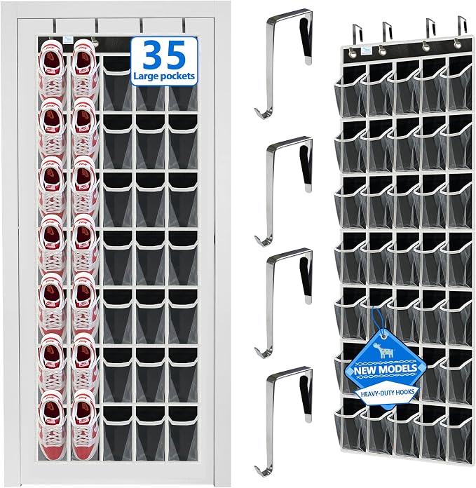 over the door shoe organizer,upgraded,over door shoe organizer,35 Huge clear pockets,Store size 13 shoes,shoe organizer,Strong material,hooks Suitable for various doors,Black