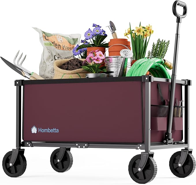 29.3" Collapsible Wagon Cart, 150L Heavy Duty Folding Utility Wagon with Wheels, 260 lbs Load, Portable Rolling Cart for Garden, Shopping, Sports, Camping, WineRed