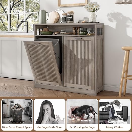 Pet-Proof Double 13 Gallon Tilt Out Trash Can Cabinet with Open Storage – Hide Garbage & Recycling Bins to Keep Your Kitchen Clean and Organized,Wood Grey