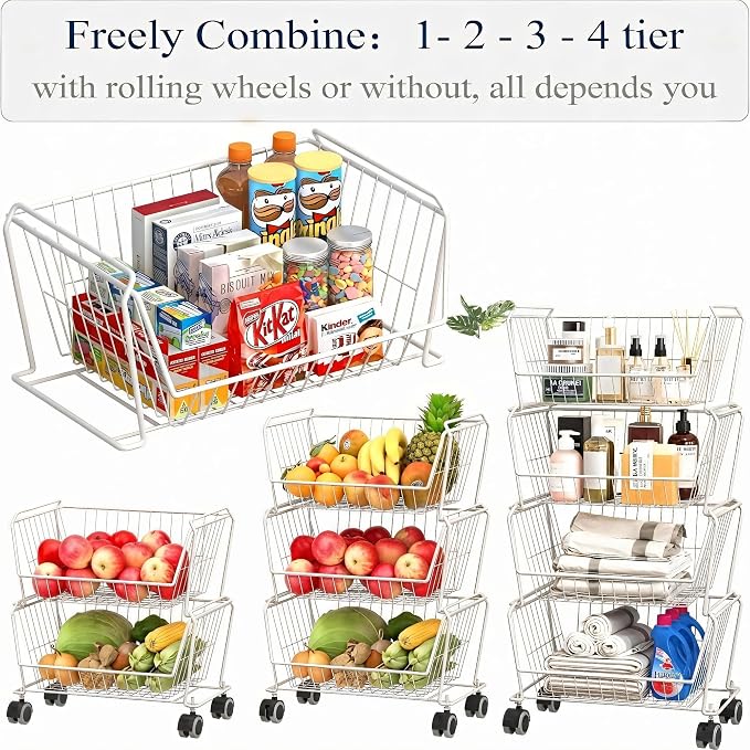 PUSDON 4-Tier Spacious Stackable Wire Storage Baskets with Wheels, Metal Rolling Utility Cart, Produce Basket for Pantry, Bathroom Organizer Shelf, Classic White