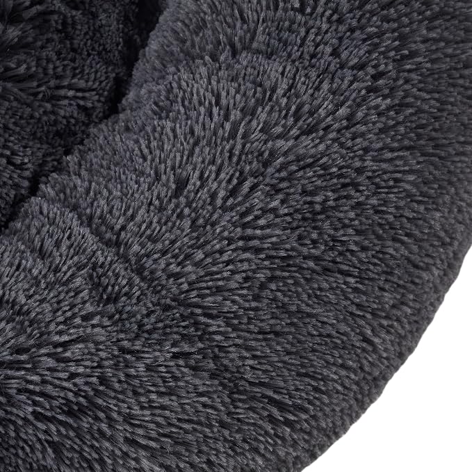 Dog & Cat Bed: Round Faux Fur Pet Bed - Plush, Cozy, & Calming Donut Bed for Medium Pets - Soft & Comfortable Sleeping Cushion for Napping & Lounging, 23" Round, Dark Gray