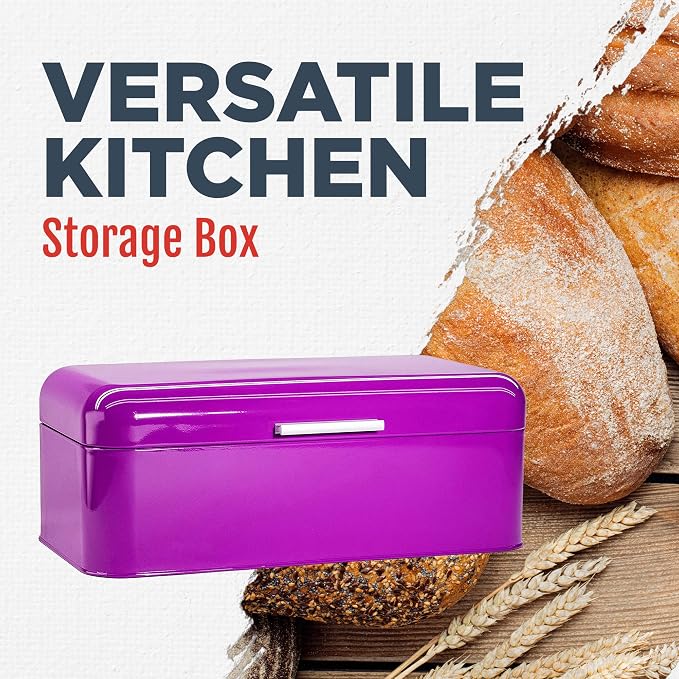 Culinary Couture Extra Large Purple Bread Box for Kitchen Countertop - Holds 2 Bread Loaves! - 16.5" x 9" x 6.5" - Stainless Steel Vintage Bread Boxes for Kitchen Counters - Bonus Recipe Ebook