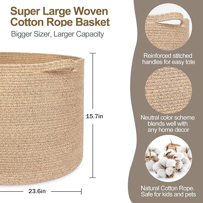 115L Extra Large Storage Basket, 23.6"x15.7" Woven Cotton Rope Basket, Giant Kids Dog Toy Bin, XXXL Boho Blanket Pillow Holder for Living Room, Brown Variegated Woven Baskets for Organizing