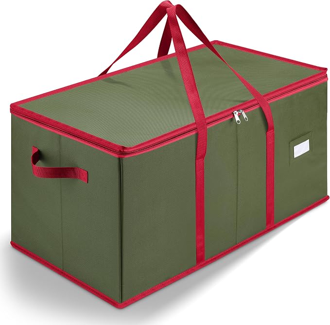 Christmas Ornament Storage - Stores up to 128 Holiday Ornaments, Adjustable Dividers, Zippered Top, Two Handles. Attractive Storage Box Keeps Holiday Decorations Clean and Dry for Next Season (Green)