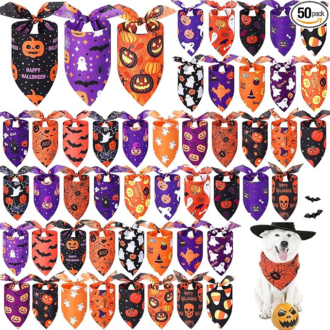 Abbylike 50 Pcs Halloween Dog Bandanas Bulk, Pumpkin Ghost Bat Skull