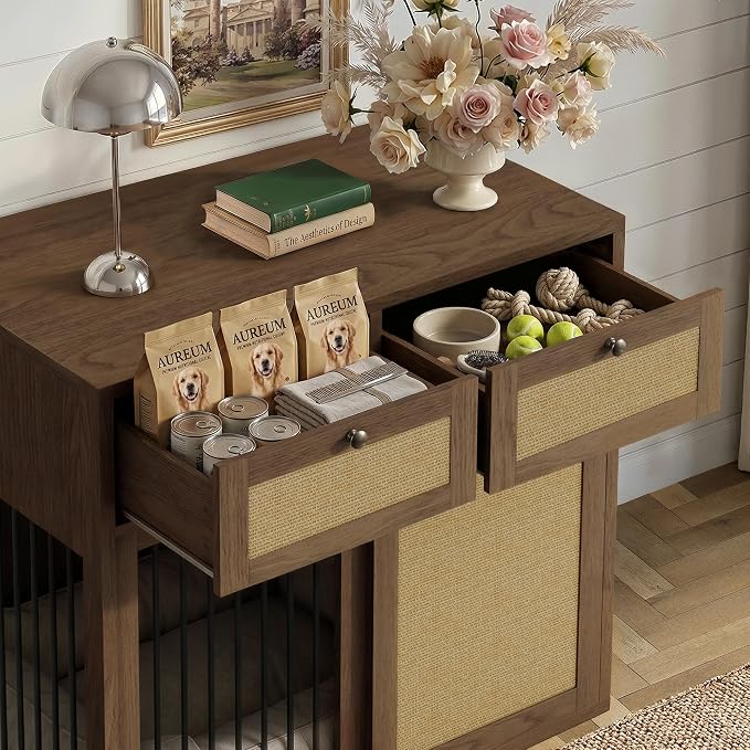 PureCozy Wooden Dog Crate Furniture, Left Unit, 40 Inch, Daek Oak | Cane cabinet and metal sliding door with 2 storage drawers; furniture-style indoor kennel doubles as an end table.