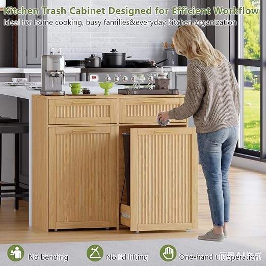Double 13 Gallon Pull Out Trash Can Cabinet with Drawer, Garbage Cabinet | Pet Proof Hidden Trash Storage, Fluted Farmhouse Design, Space-Saving Kitchen Organizer, Dining Room Storage,Natural Oak