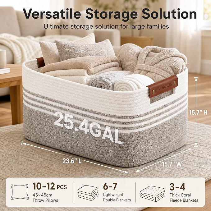 Cotton Rope Laundry Basket Extra Large, 25.4GAL Collapsible Woven Storage Baskets for Living Room Kids Toys Stuffed Animal,Boho Rectangular Decorative Hamper for Dirty Clothes, Blankets White Brown