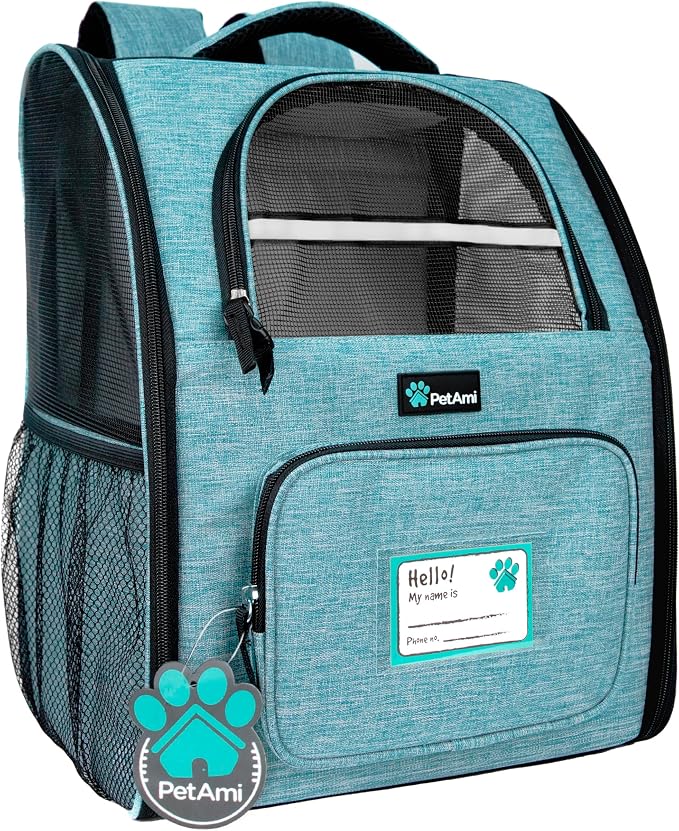PetAmi Dog Backpack Carrier Airline Approved Cat Pet Puppy Bag, Turquoise | Ideal for Small Medium Large Pet up to 18 lb, 2 Side Entry Structured No-Collapse Frame, Ventilated Bookbag for Hiking Travel