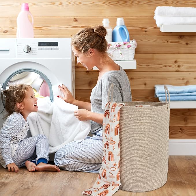 XUANGUO Cotton Rope Laundry Basket Hamper for Clothes Large Oatmeal | Baby Nursery Hamper Bin and Woven Storage Basket for Living Room Bedroom Boho Tall Rope Baskets Blankets Toys Pillows Towels