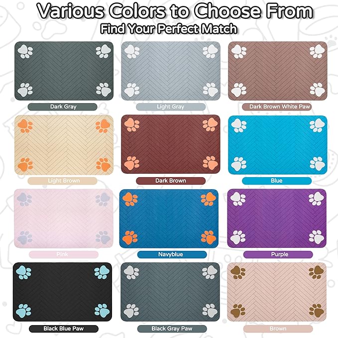 Pet Feeding Mat-Absorbent Dog Feeding Mat for Food and Water Bowl,No Stains Pet Placemat,Quick Drying Water Dispenser Mat for Dog and Cat,Easy to Clean Dog Accessories(M,Black Blue Paw)