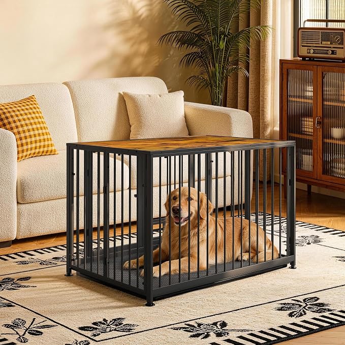 43.3" Heavy Duty Large Dog Crate with Wheels & Feeding Bowls, 3 in 1 Foldable Extra Large Dog Kennel & Playpen, Indestructible Escape Proof Metal Dog Cage for Large Dogs, Indoor Outdoor, Rustic Brown