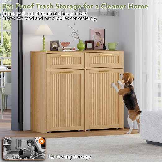 Double 13 Gallon Pull Out Trash Can Cabinet with Drawer, Garbage Cabinet | Pet Proof Hidden Trash Storage, Fluted Farmhouse Design, Space-Saving Kitchen Organizer, Dining Room Storage,Natural Oak