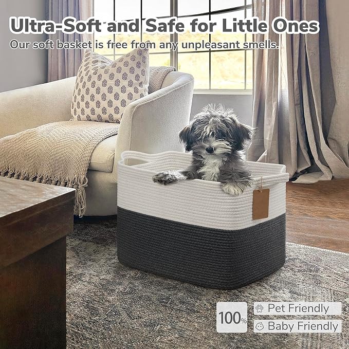 Goodpick 50L Large Woven Rope Storage Basket, Rectangle, Dark Gray | 18" × 14" × 12" Decorative Gift Basket for Living Room & Nursery Organization, Fits Blanket & Toy Storage, Writable Label