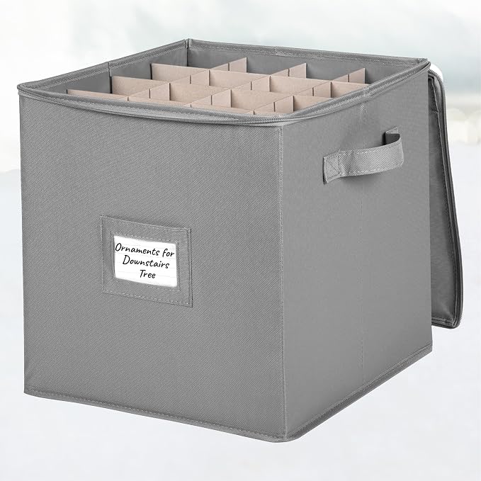 HOLDN’ STORAGE Christmas Ornament Storage Box - Christmas Decor Storage Containers that Store up to 64 – 3” x 3” Holiday Xmas Ornaments – Adjustable Compartment To Fit Many Sizes Ornaments – Grey.