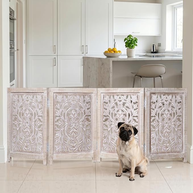 Lightnpro 4-Panel Carved Wooden Dog Gate with Stopper – 72 Inch Extra-Wide Foldable Freestanding Pet Barrier, White Wash Indoor Safety Fence for Small Dogs & Puppies – 24x18 Inch Panels