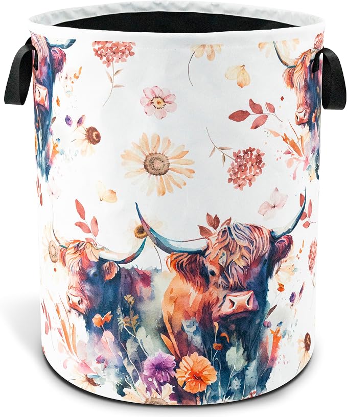 Highland Cow Floral Laundry Basket Foldable Waterproof 18.9 x 16.5 Inch | Oxford Cloth Hamper With Reinforced Handles Lining Large-Capacity Storage For Bathrooms/Laundry Rooms/ Living Rooms/Bedrooms