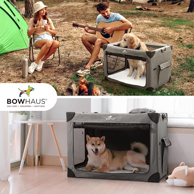 BOWHAUS 36 Inch Portable Travel Dog Kennel for Medium Dogs with Durable Mesh Windows and 2 Storage Pockets, Indoor & Outdoor for Car, Soft-Sided Collapsible Dog Crate with 4 Breathable Mesh Door