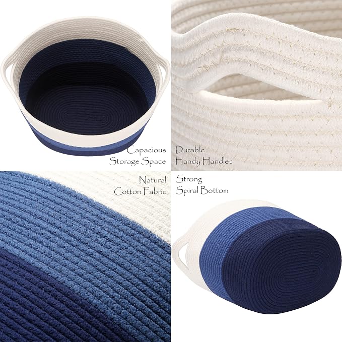 Sea Team Large Woven Cotton Rope Laundry Basket with Handles, 16 x 13 in | Collapsible Knitted Hamper, Closet Shelf Organizers, Containers for Clothing, Blankets, Toys, Bedding, Navy