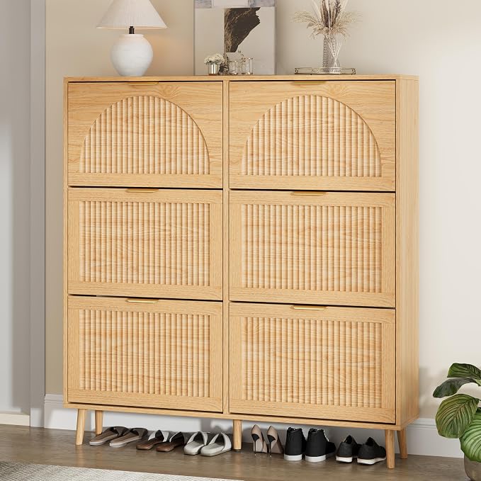 Shoe Storage Cabinet with 6 Flip Drawers, Narrow Wood Shoe Organizer Cabinet with Fluted Panel, Slim Shoe Rack for Entryway, Freestanding Shoe Cabinet for Living Room, Hallway, Wood Color