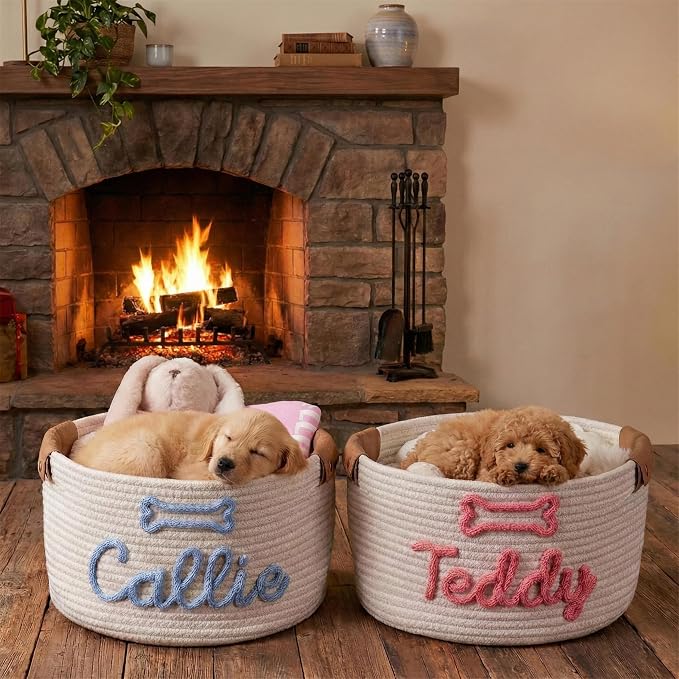JUPPE Pet Dog Basket with Personalized Name, Dog Toys Storage Organizer Custom Cotton Rope Basket Nursery Decor (Dog Toy Basket)