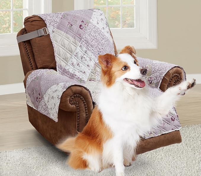 Brilliant Sunshine Lilac & Beige Roses Couch Recliner Cover, 28" seat | Quilted Sofa Cover, Living Room & Bedroom Furniture Protector, Large Washable Reclining Chair Slipcover for Pets, Dogs & Cats
