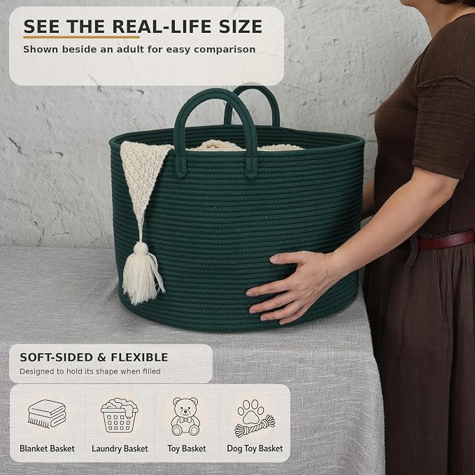 XUANGUO 66L Large Blanket Basket, Round Cotton Rope Basket, Dark Green | 20" x 13" Laundry Basket with Sturdy Handles for Blankets, Pillows and Toys; Storage for Living Room, Bedroom and Nursery