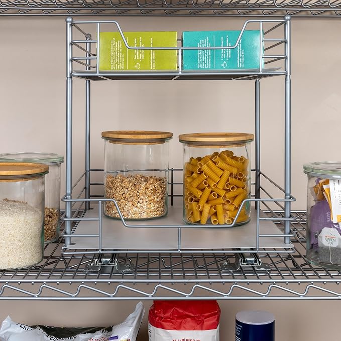 Household Essentials Brushed Steel & Plastic Two-Tier Pantry Organizer, Silver