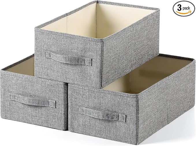 Linen Folding Storage Bins, 3 Pack Large Storage Baskets, Washable, Clothing Storage Bins with Handle, Closet Organizer for Storage Sweater,Sheets(dark grey, 16" x9½x6¾)