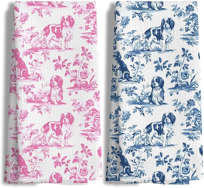 Chinoiserie Cavalier King Charles Spaniel Kitchen Towels Set of 2,Blue and Pink Floral Cavalier Spaniel Grandmillennial Dog Hand Towels Decorative for Kitchen Bathroom Decor, 16x24 Inch