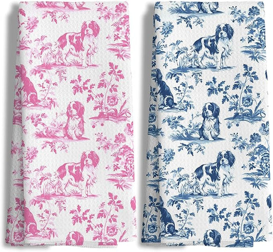 Chinoiserie Cavalier King Charles Spaniel Kitchen Towels Set of 2,Blue and Pink Floral Cavalier Spaniel Grandmillennial Dog Hand Towels Decorative for Kitchen Bathroom Decor, 16x24 Inch