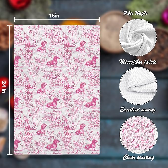 Nipi Pink Chinoiserie Dachshund Kitchen Towels, Pink Floral Botanical Dachshund Decorative Dish Tea Towels, Grandmillennial Weiner Dog Hand Towels for Kitchen Bathroom, 16x24 Inch