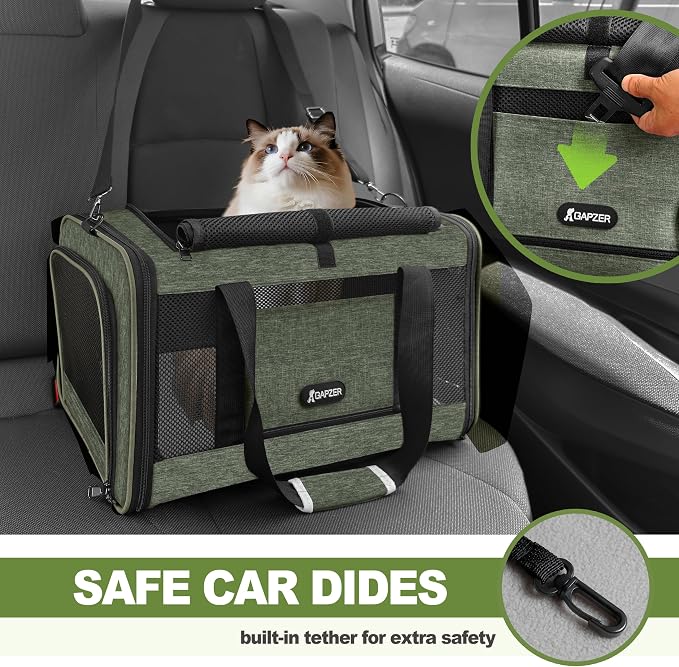 GAPZER Medium Cat Carrier Bag Lightweight, Soft-Sided Small Pet Carry Crate | 18 x 11 x 11 Light Weight Yorkie Kennel up to 15 lbs for Indoor House, Top Entry Bunny Canvas Bag Vet Visit Easy Clean Olive