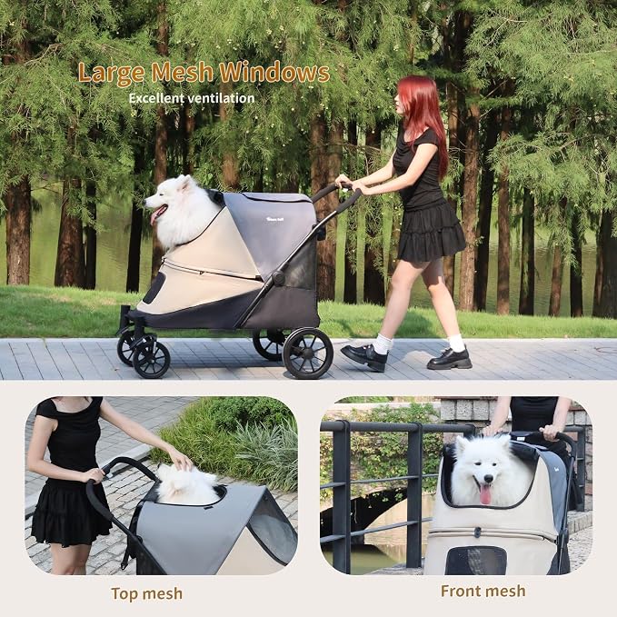 Dog Stroller for Medium/Large Dogs One-Click Folding 4 Wheel Pet Foldable Dog Stroller for 2 Dogs Jogger with Storage Pocket Suitable for Pets Up to 110LBS