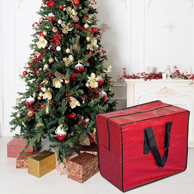 Christmas Ornaments Storage, Holiday Accessories Bag Tear-Proof Tarp 18 X 10 X 15 with Handles and Full Length Zipper (Red)