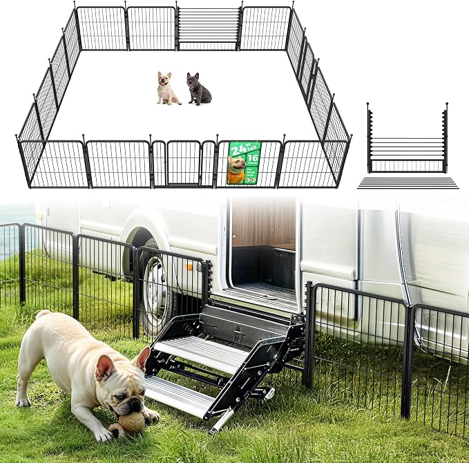 FXW Rollick Dog Playpen with RV Step Grid for RV Camping, 24" H, 16 Panels | Easy Setup & Sturdy, Blocks RV Stair Gaps, Fits RV Steps up to 26"W, For Puppies & Small Dogs, Patented