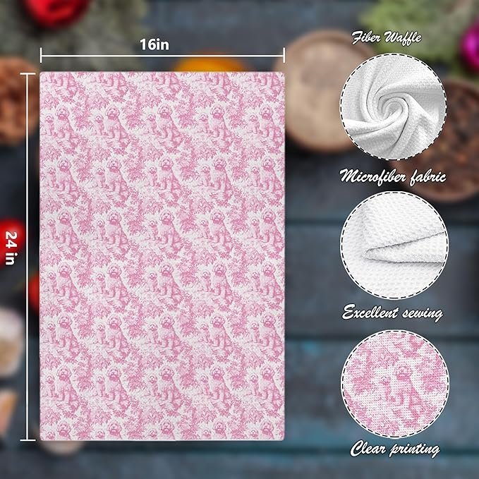 Nipi Pink Chinoiserie Golden Doodle Kitchen Towels, Pink Botanical Grandmillennial Dog Decorative Dish Tea Towels, Golden Doodle Gifts Hand Towels for Kitchen Bathroom Decor, 16x24 Inch