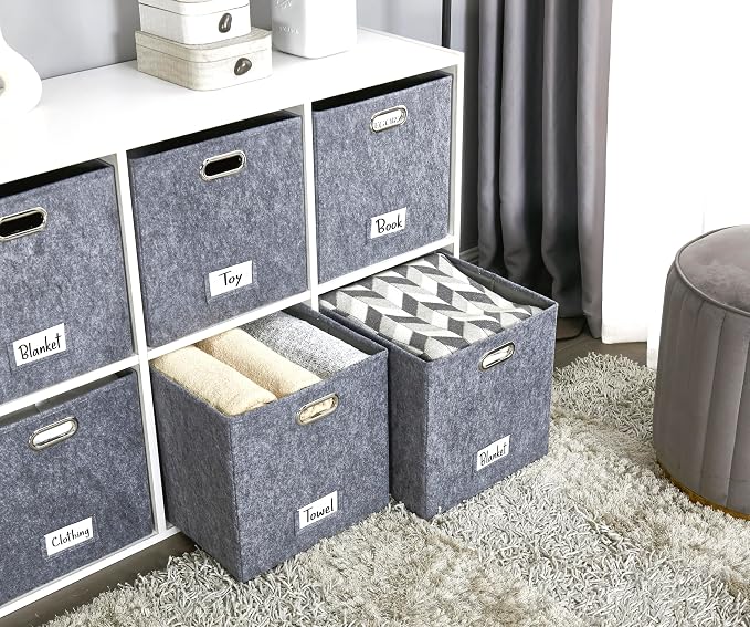 DECOMOMO Felt Storage Bins, 13x15x13 Storage Cube Bins with Labels | 3 Pack Storage Baskets for Shelves, Kallax (Dark Grey)