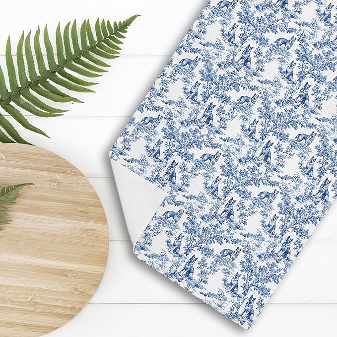 Chinoiserie German Shepherd Kitchen Towels, German Shepherd Gifts Hand Towels for Kitchen Bathroom,Blue and White Floral Botanical Grandmillennial Dog Decor Dish Tea Towels, 16x24 Inch