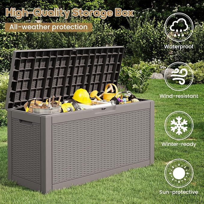 75 Gallon Outdoor Storage Box Waterproof Deck Box for Patio | Gray, Resin, Weatherproof, Lockable, Compact, Easy Assembly, Patio Cushions Storage, Pool Garden Accessories Organization