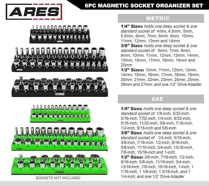 ARES 60160 6-Pc Black/Green Metric/SAE Magnetic Socket Organizer | Part No. 60160; Metric and SAE Set Black and Green -1/4 in, 3/8 in, 1/2 in Socket Holders -143