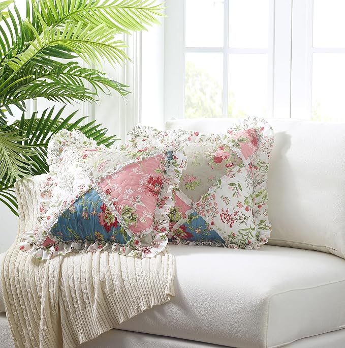 Brilliant Sunshine Multi Peach & Olive Flowers Ruffle Shams Set, 18"x18" | Patchwork Design with Ruffles, Quilted Pillow Covers, Washable Throw Cushion Cases for Couchs and Beds, Pack of 2