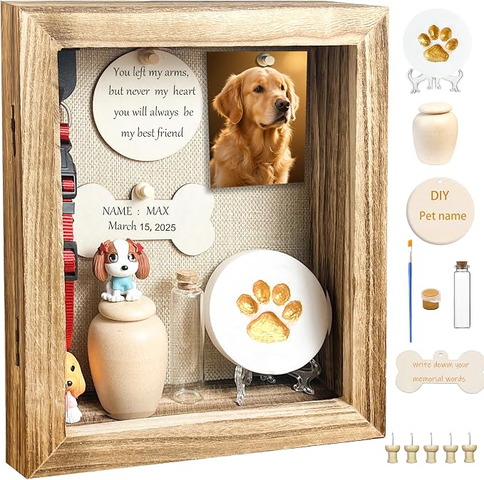 Pet Memorial Shadow Box 8x10 Solid Wood Brown Urn Ashes Display Case with Paw Print Kit Dog Memorial Keepsake Gift for Loss of Pet