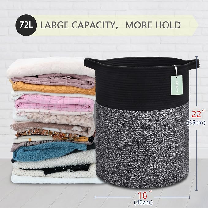 Cotton Rope Blanket Basket, 72L Tall Laundry Hamper, Black & Gray