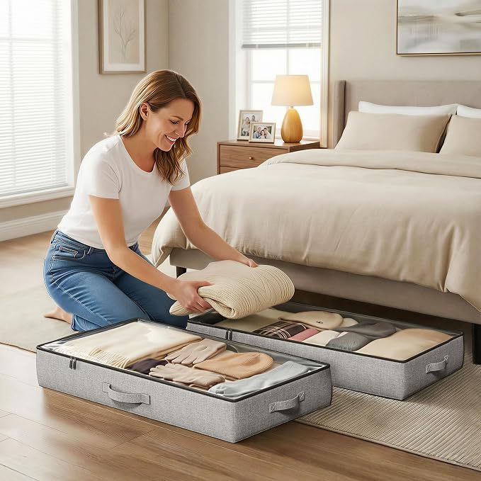 2-Pack Under Bed Storage Containers, 4.5 Inches Tall Clothes Storage, Grey | Low Profile Collapsible Underbed Organizer Bin with Sturdy Sidewalls/Bottom, Cotton-linen, For Seasonal Clothes & Bedding