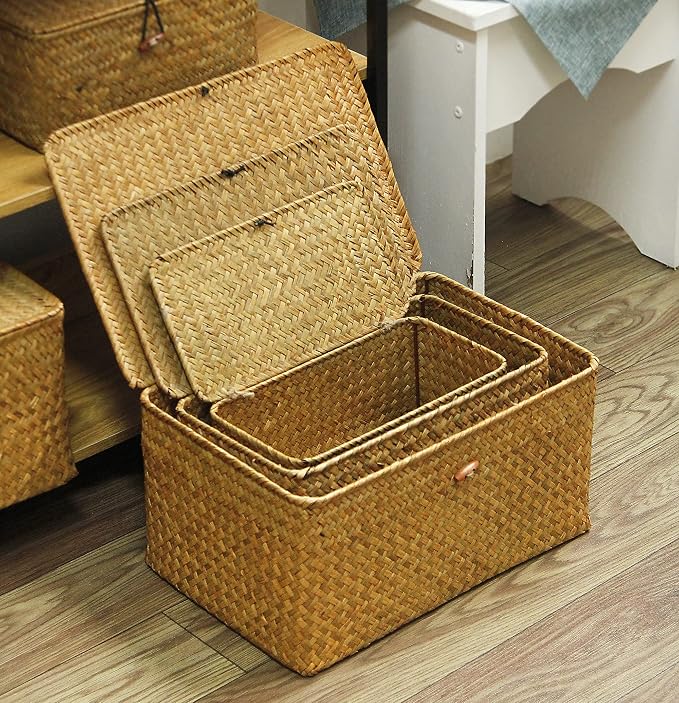 FEILANDUO Wicker Shelf Basket with Lids, Seagrass Storage Baskets Bins Rectangular Woven Baskets Boxes for Organizing Multipurpose Container Boho Home Decor Large Set of 3